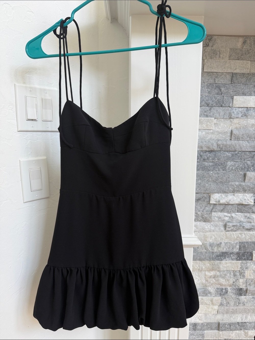 Amanda Uprichard Black Spaghetti Strap Ruffle-Hem Mini Dress